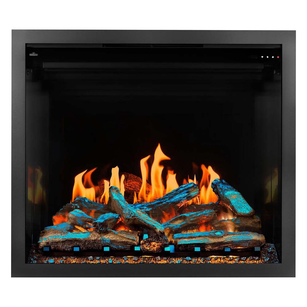 Black built-in electric fireplace with glowing logs and blue accents flame effect