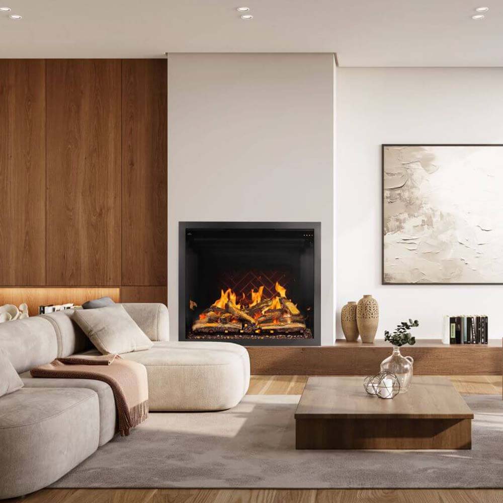 Built-in electric fireplace in a modern living room with lit flame display