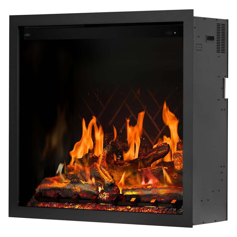 Black built-in electric fireplace insert with orange flames and ember bed