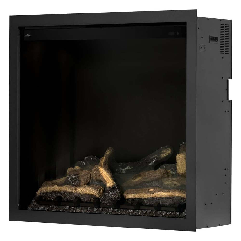 Black built-in electric fireplace insert with unlit logs and ember bed
