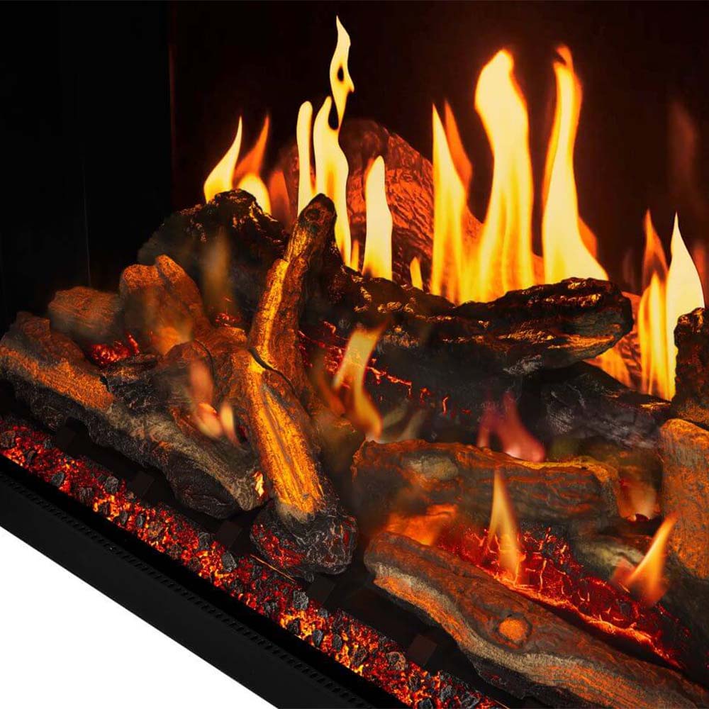 Glowing log set in a black electric fireplace with bright orange flames