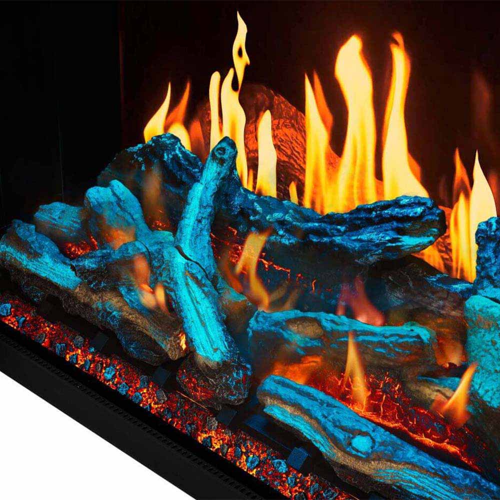 Glowing log set in a black electric fireplace with blue accents and orange flames