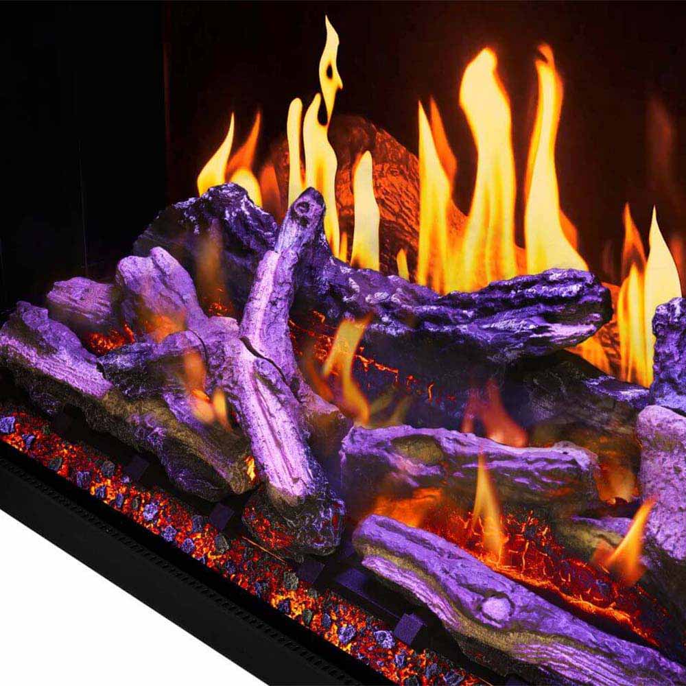 Glowing log set in a black electric fireplace with purple accents and orange flames
