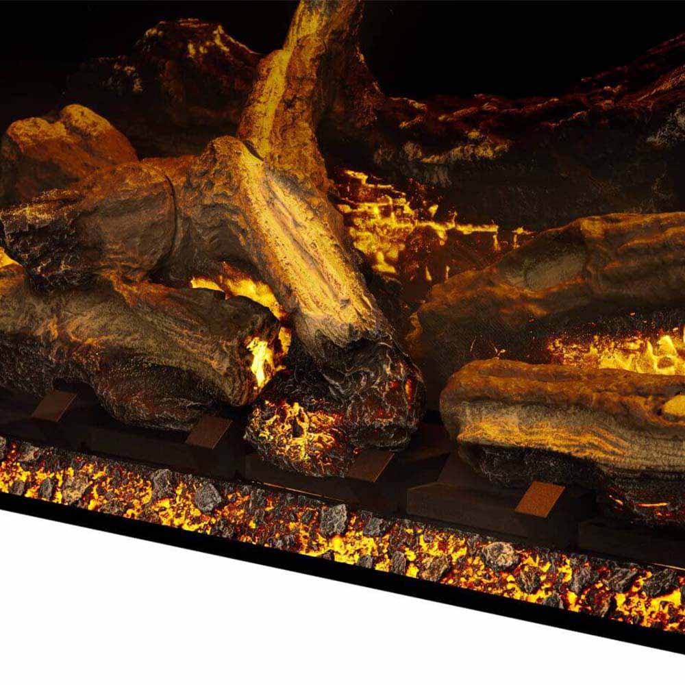 Glowing log set in a black electric fireplace with orange flames and ember bed