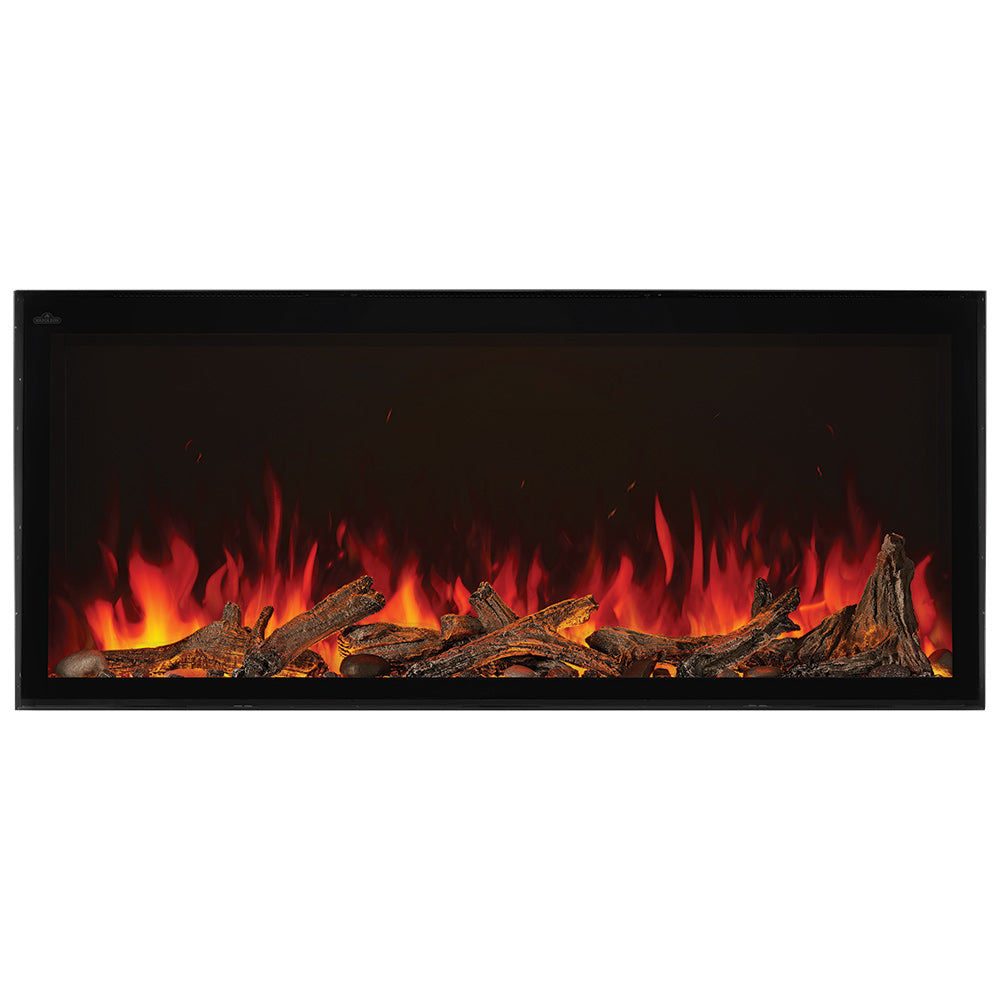 Built-in electric fireplace insert with black frame and glowing log bed