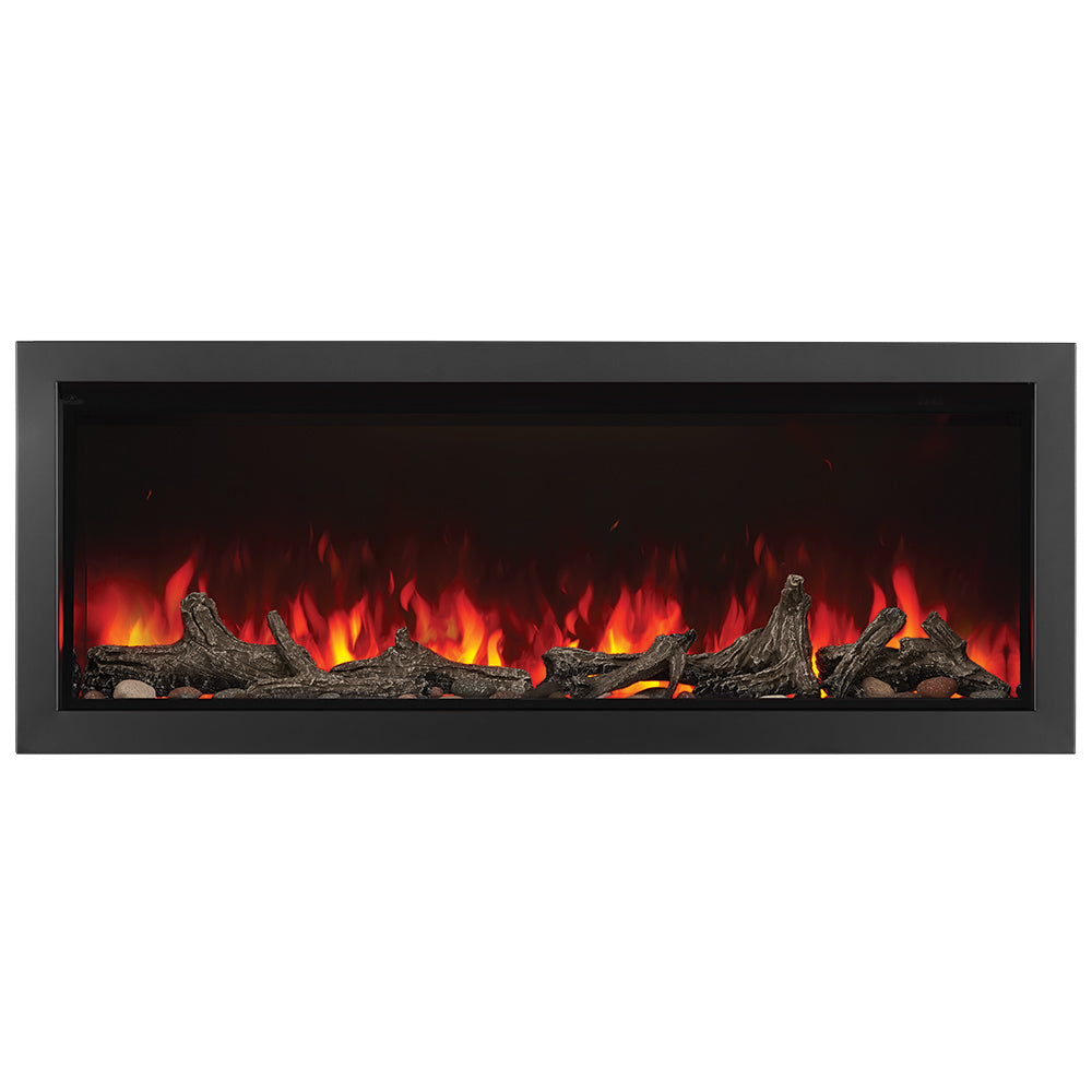 Built-in electric fireplace insert with black frame, flames, and charred logs