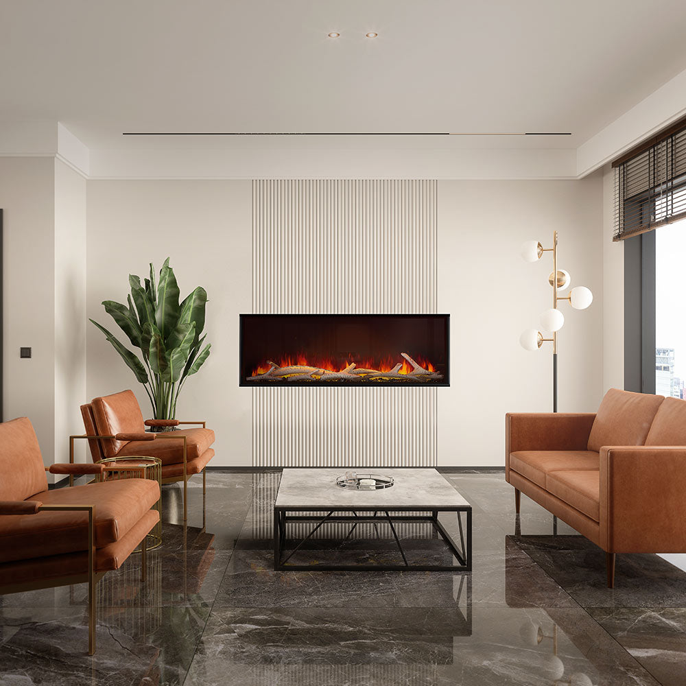 Wall-mount electric fireplace with ember bed and bright flames behind black frame