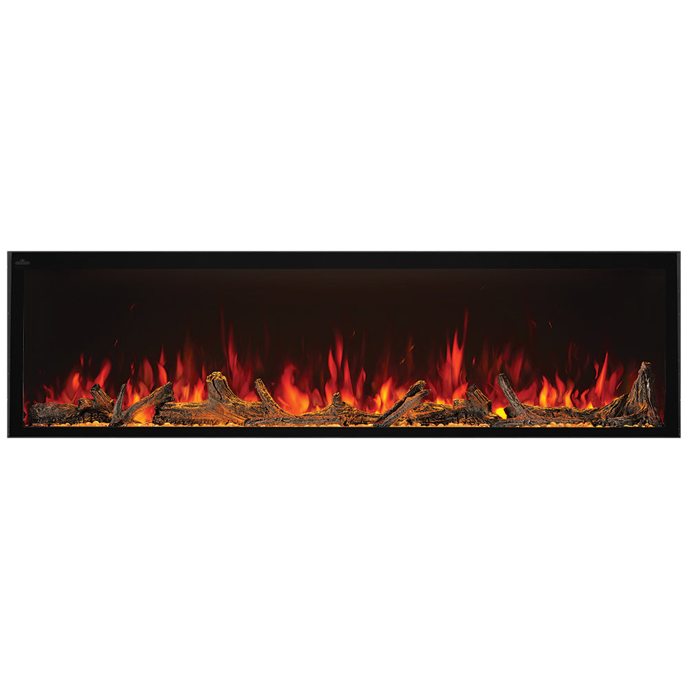 Built-in electric fireplace with black trim and realistic flames over log bed