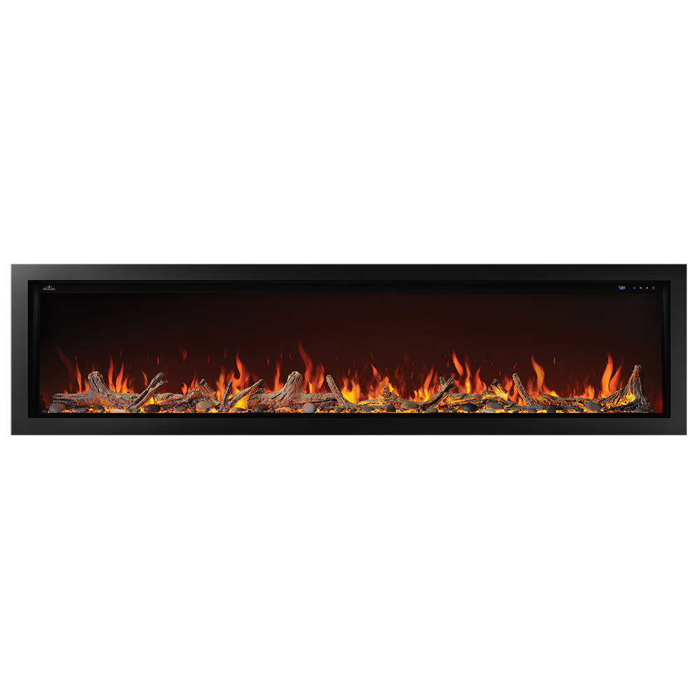 Built-in electric fireplace insert with black frame and flickering flame effect