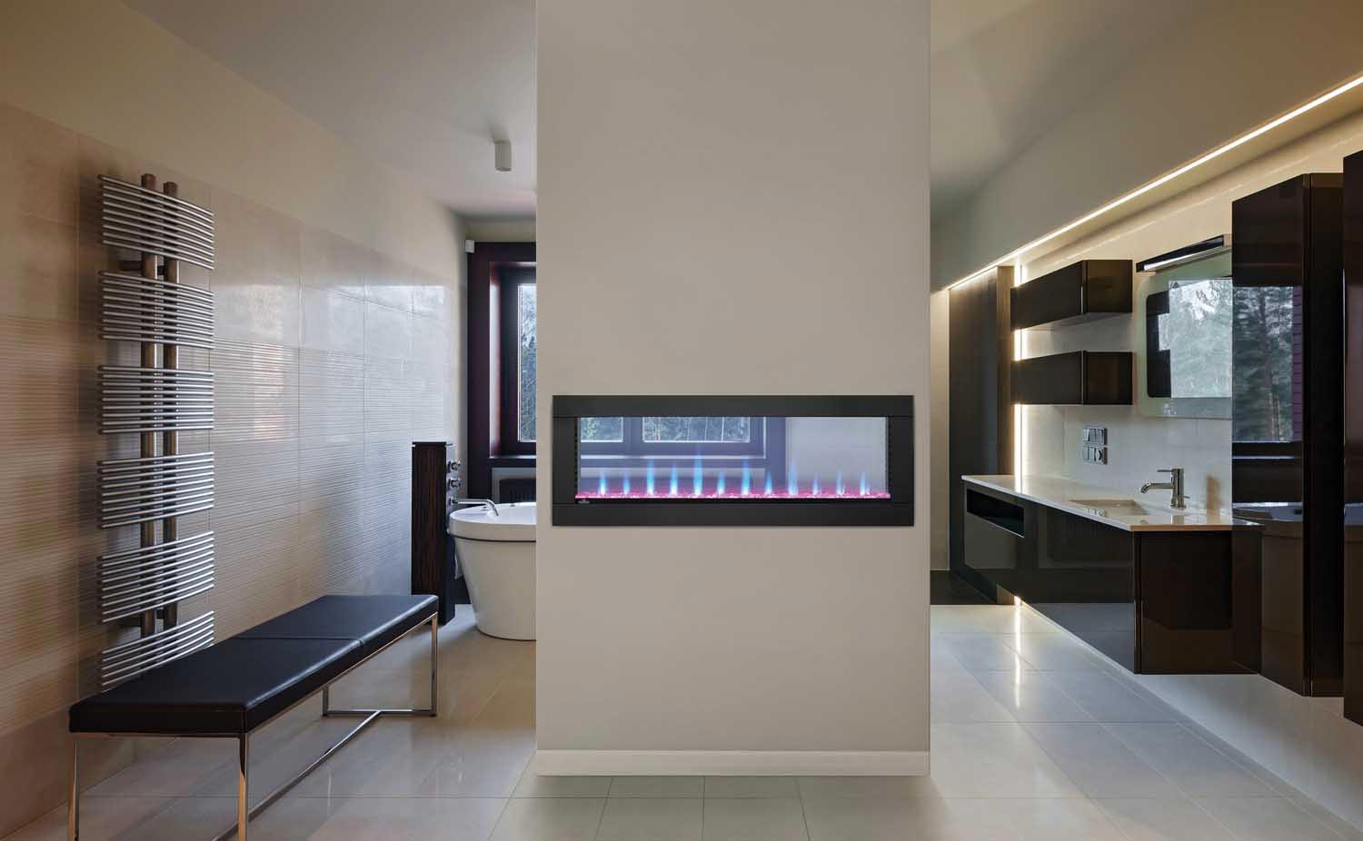 Black four-sided electric fireplace surround around a built-in wall opening