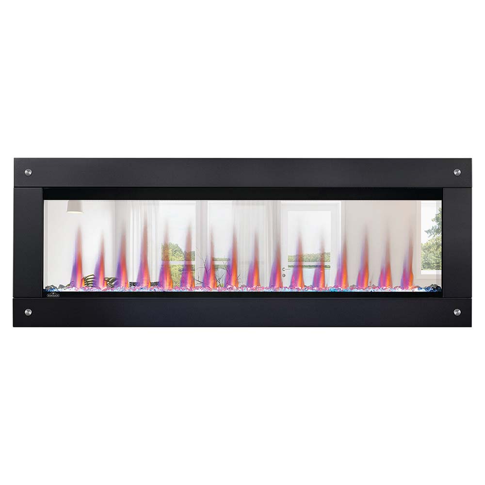 Built-in see-through electric fireplace with multicolored flame effect and crystal media