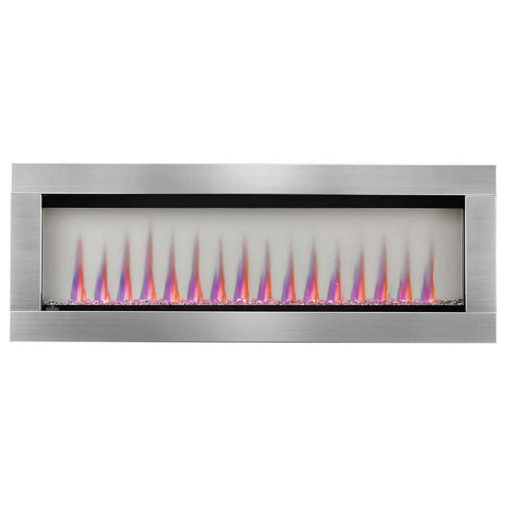 Built-in see-through electric fireplace with multicolored flame effect and clear crystal bed