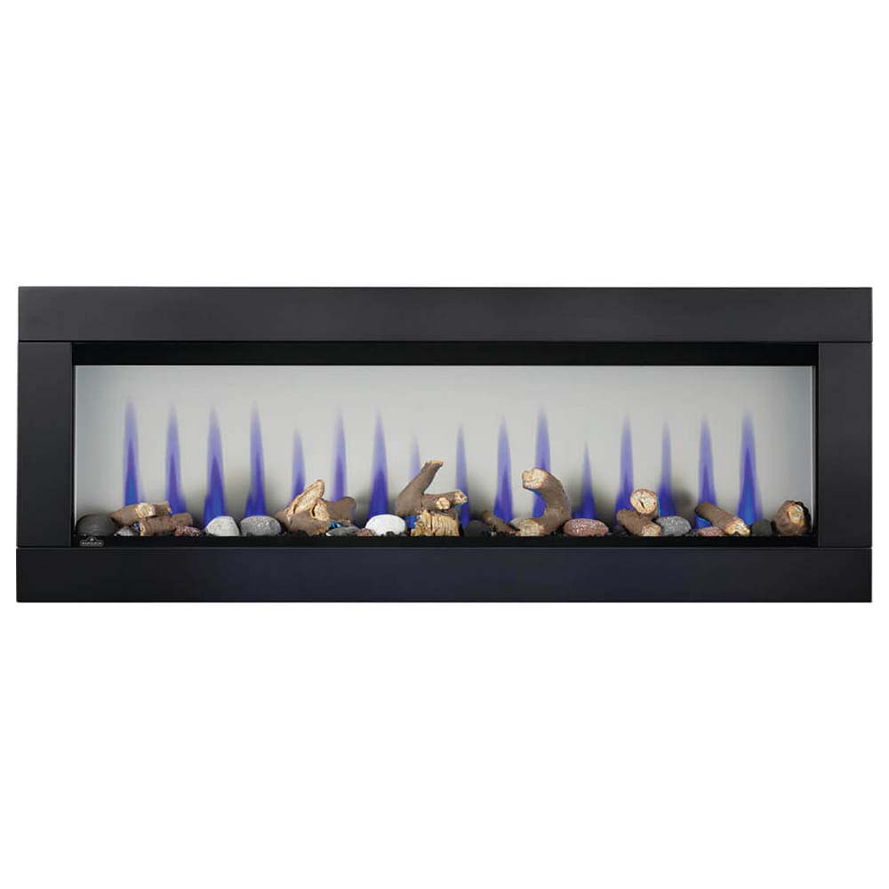 Built-in see-through electric fireplace with logs, crystal media, and multicolored flame