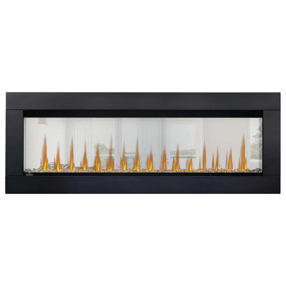 Built-in see-through electric fireplace with orange flame effect and crystal media