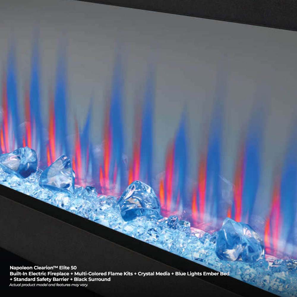 See-through electric fireplace with blue flame effect and icy crystal media