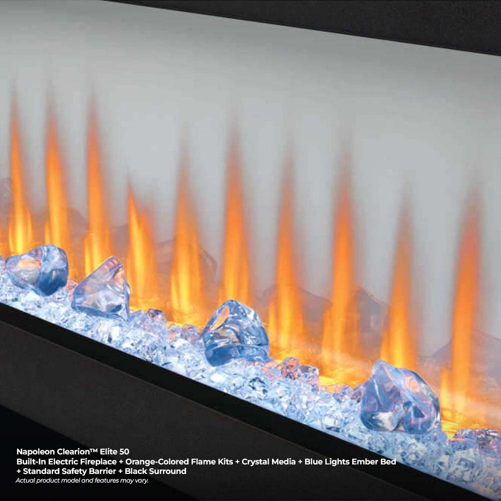 See-through electric fireplace with orange flame effect and clear crystal media