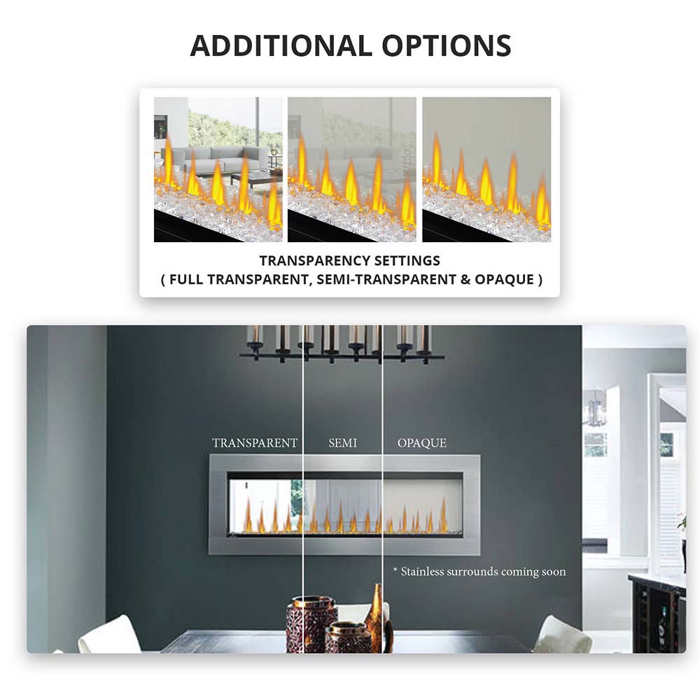 Built-in see-through electric fireplace showing different transparency viewing modes