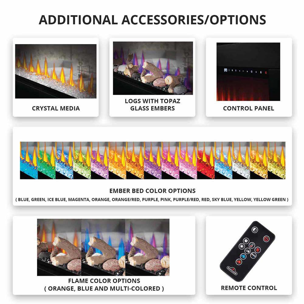 Electric fireplace accessory options with crystal media, logs, control panel, and remote
