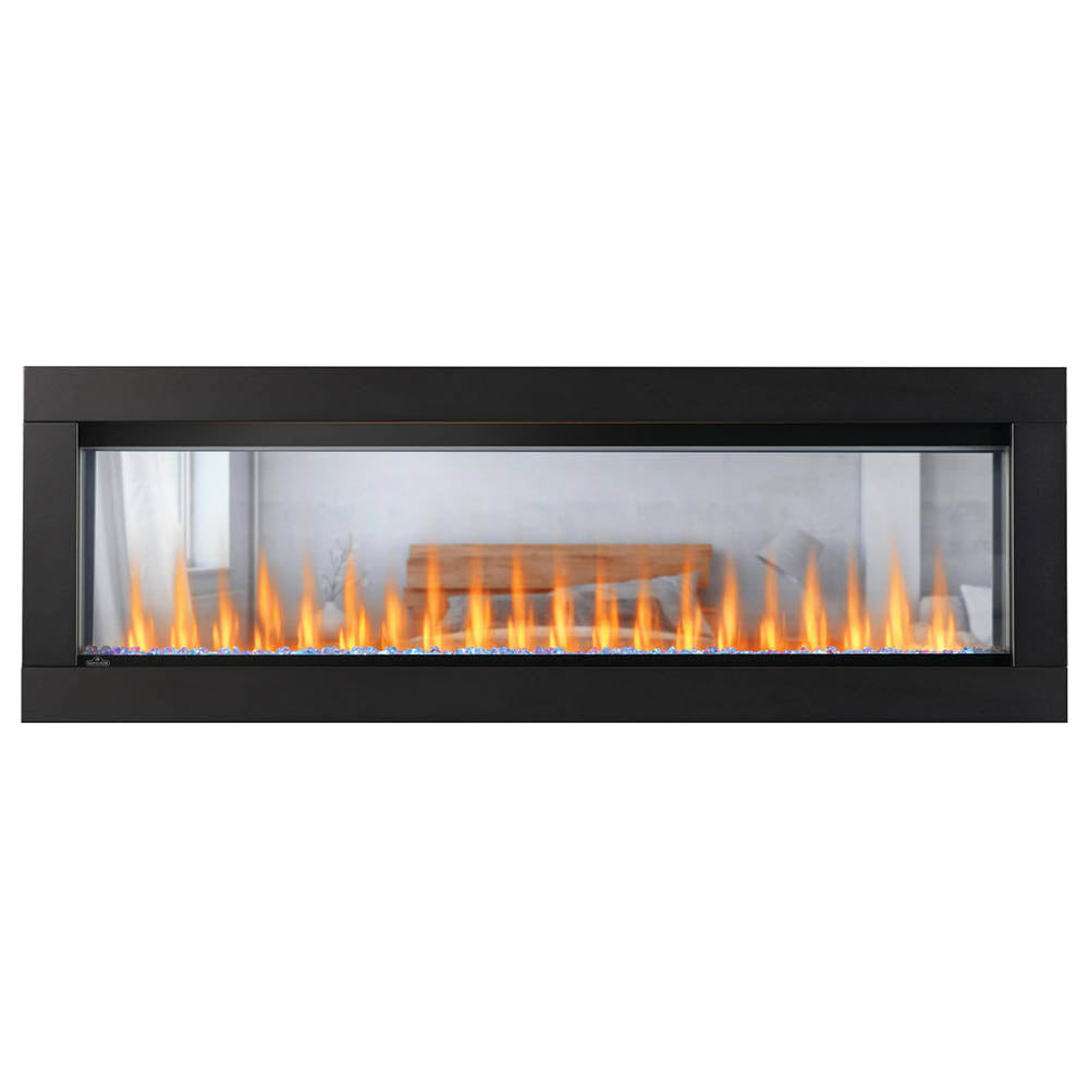 Built-in see-through electric fireplace with black surround and orange flame display
