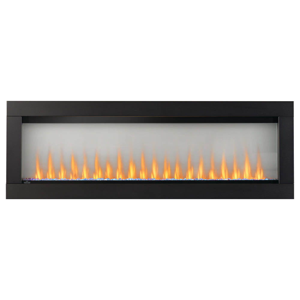Built-in see-through electric fireplace with black surround and orange flame flames