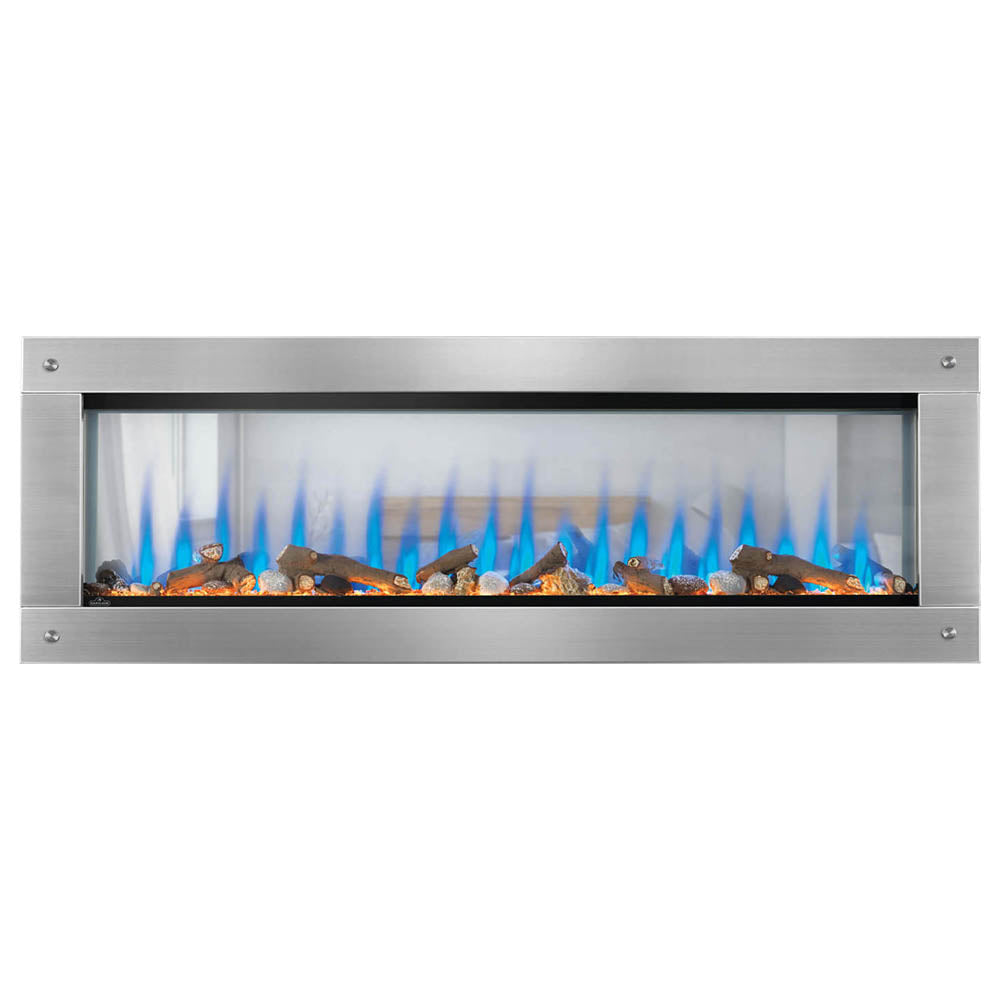 Built-in see-through electric fireplace with glass front, logs, and blue flames