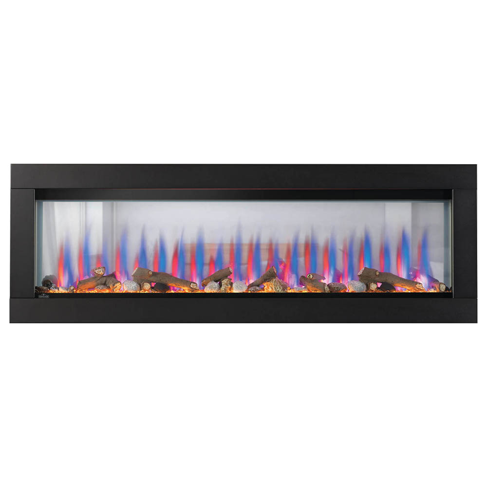 Built-in see-through electric fireplace with logs, crystal bed, and multicolor blue-orange flames