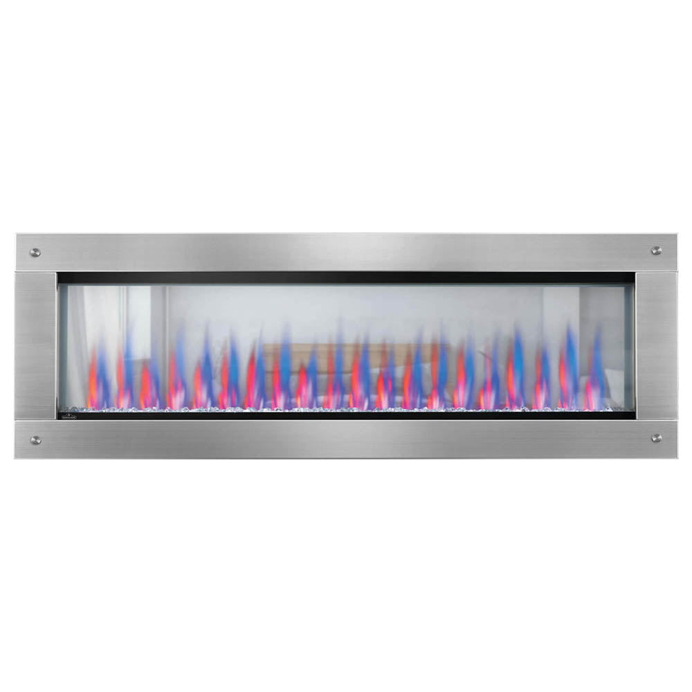 Built-in see-through electric fireplace with stainless surround and multicolor flame effect