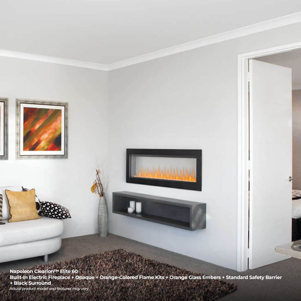 Wall-mounted electric fireplace with black frame and orange flame display behind glass