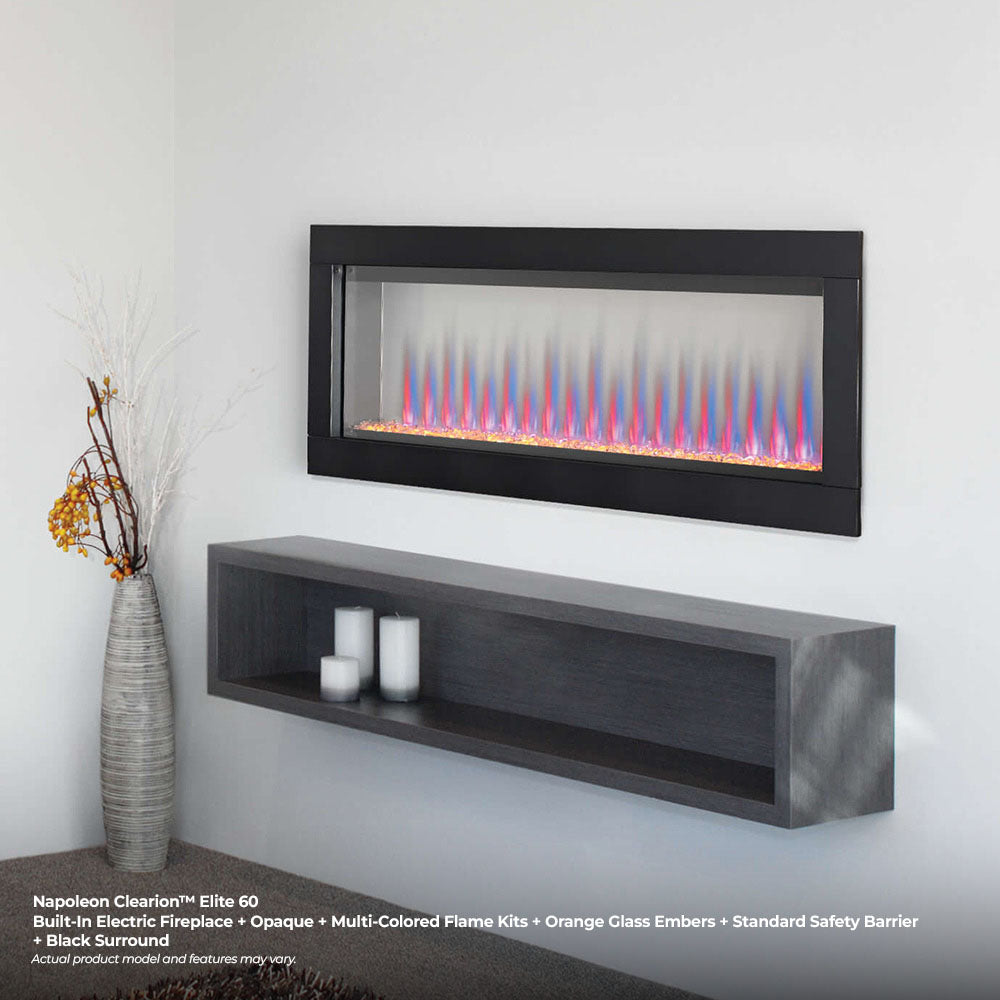 Wall-mounted electric fireplace with black frame and multicolor flame display behind glass