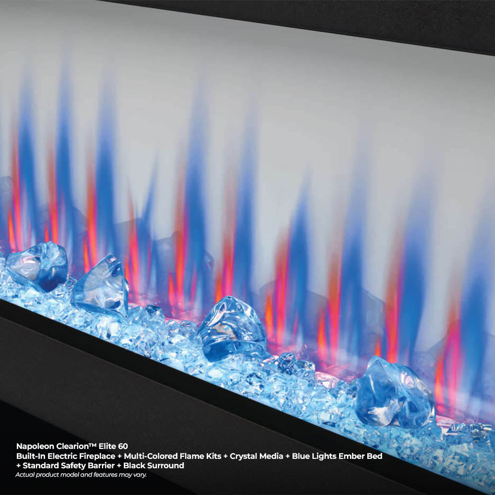 Electric fireplace view of blue crystal media with bright blue flame effects behind glass