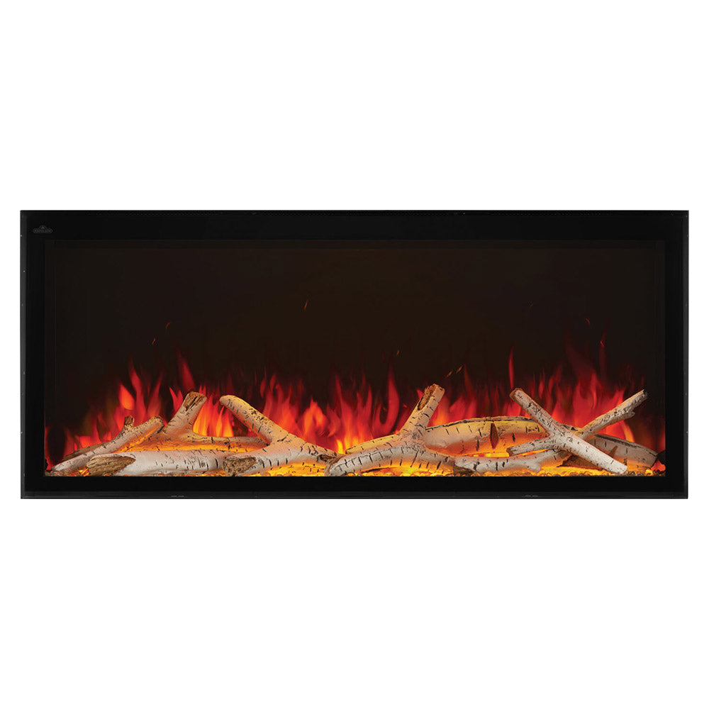 Built-in electric fireplace with black frame and glowing fire logs