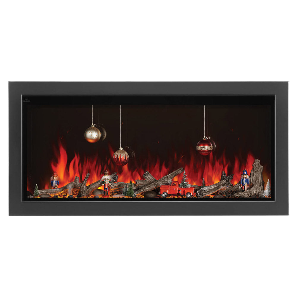 Built-in electric fireplace with glowing flames and hanging decorative bulbs