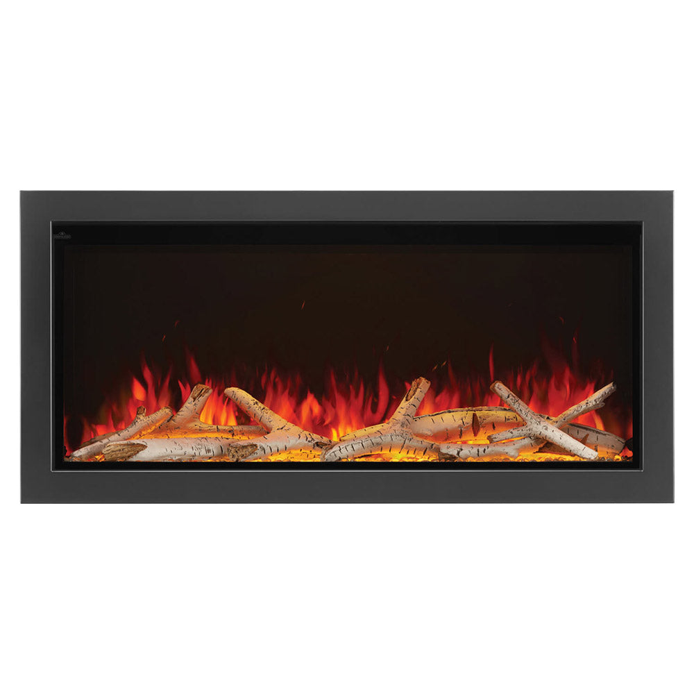 Built-in electric fireplace with black surround and bright fire log display