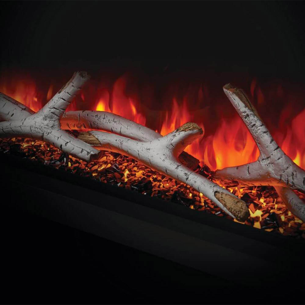 Close-up of electric fireplace flames over whitewashed log pieces and embers