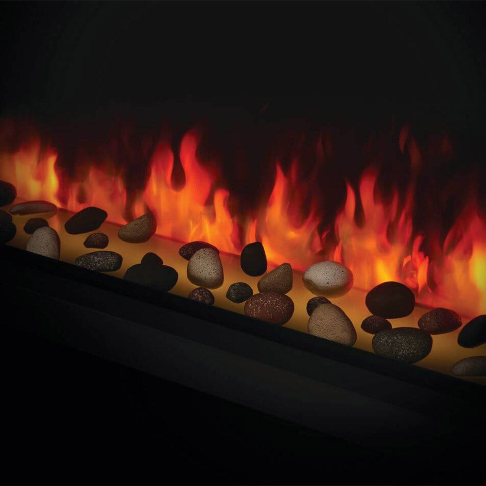 Electric fireplace ember bed with dark stones and bright orange flames