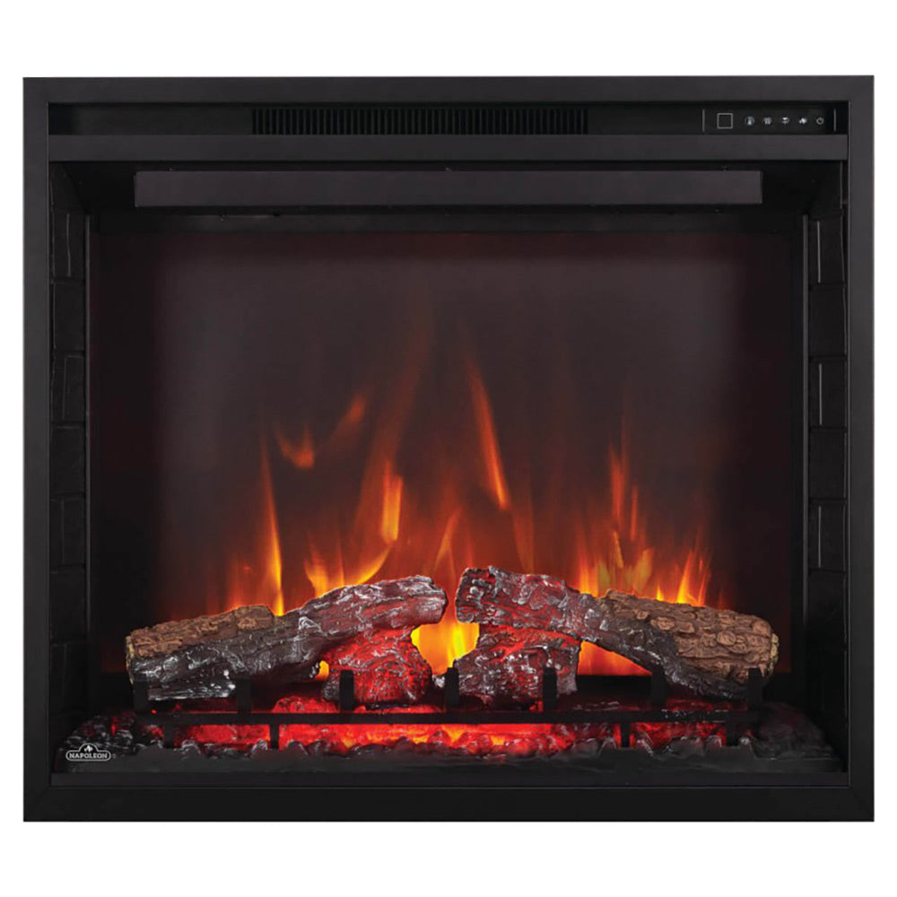 Black built-in electric fireplace with flame effect, dark logs, and ember bed inside firebox