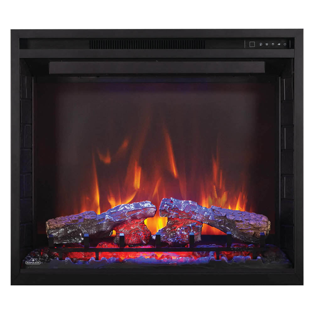 Built-in electric fireplace interior view with flame effects and stacked faux fire logs