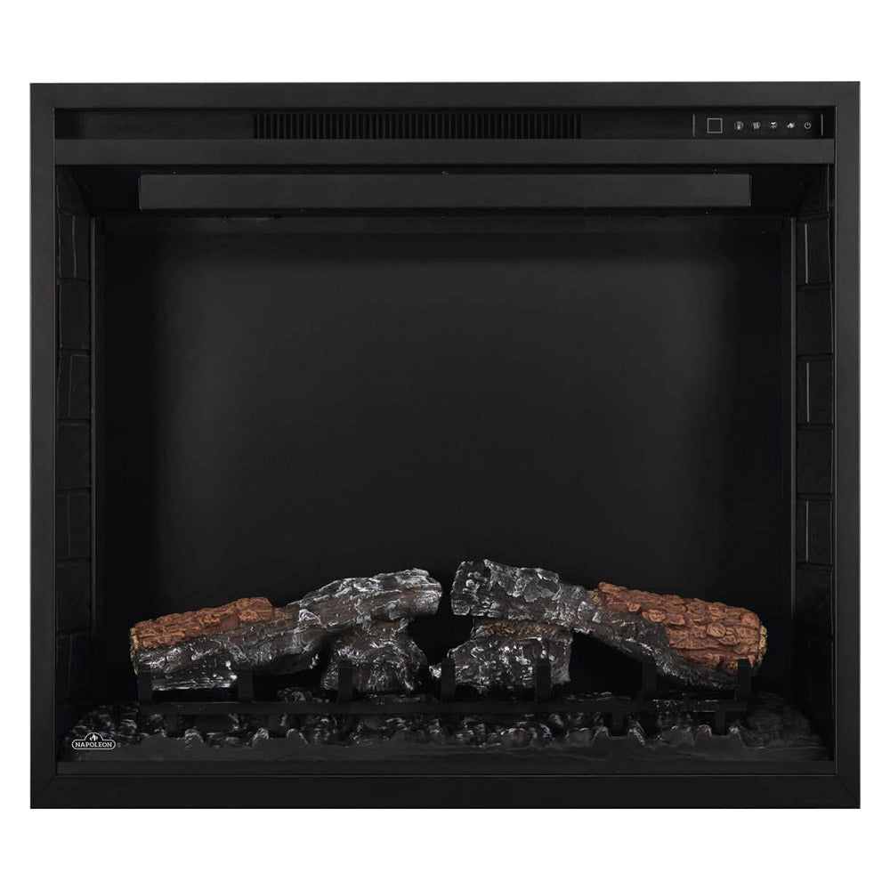 Black built-in electric fireplace insert with dark logs in an unlit firebox