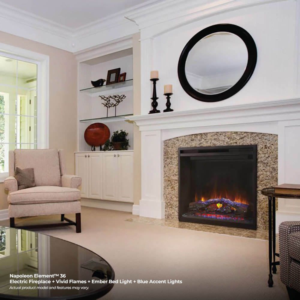 Built-in electric fireplace insert with flames inside a black firebox opening