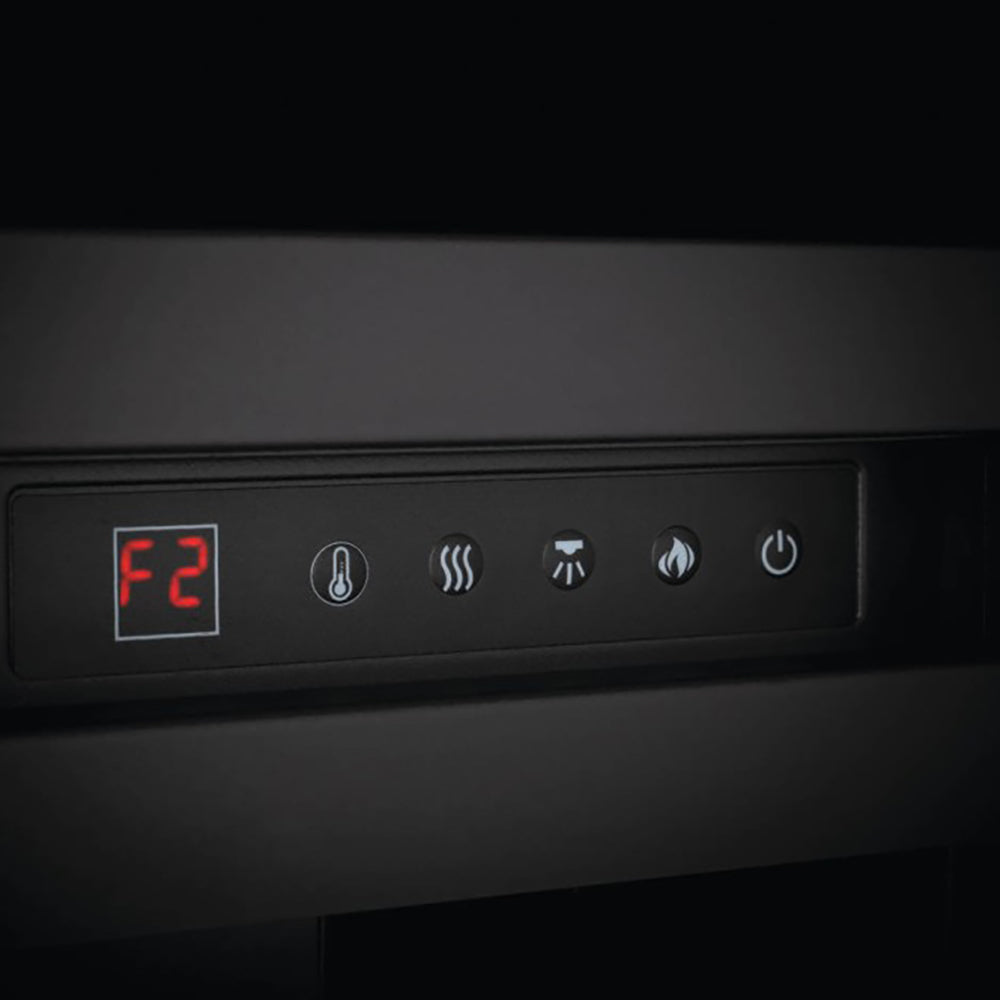 Electric fireplace control panel with red temperature display and touch icons