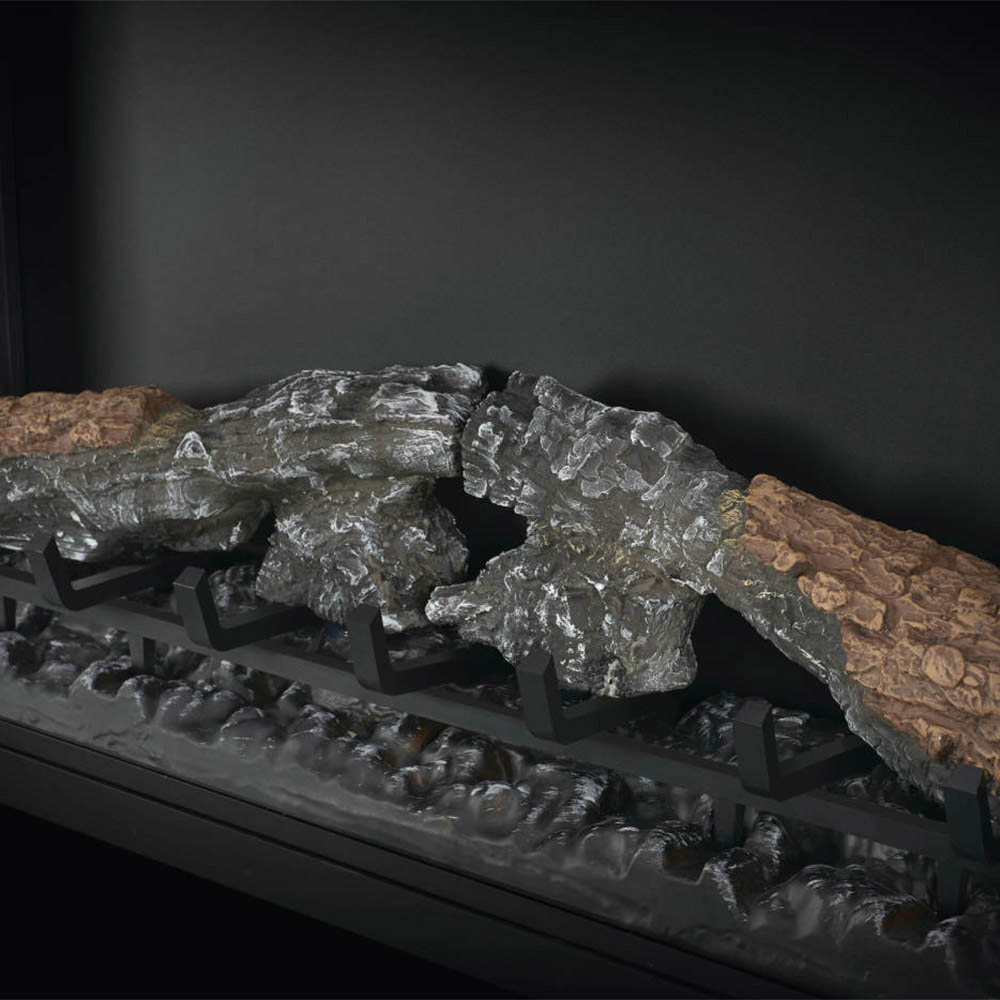 Electric fireplace log set with textured faux stones on the grate inside firebox