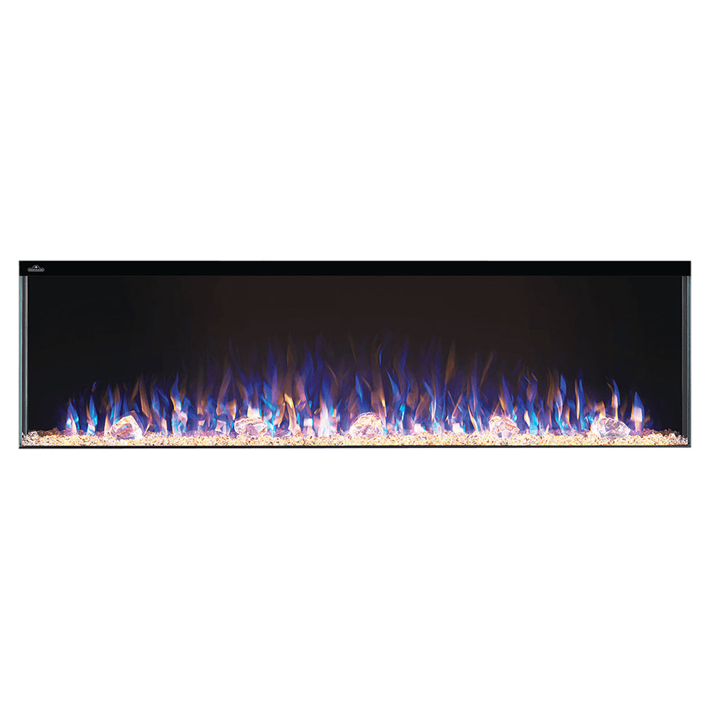 Electric fireplace with black frame and vivid blue flame display over blue crystal media