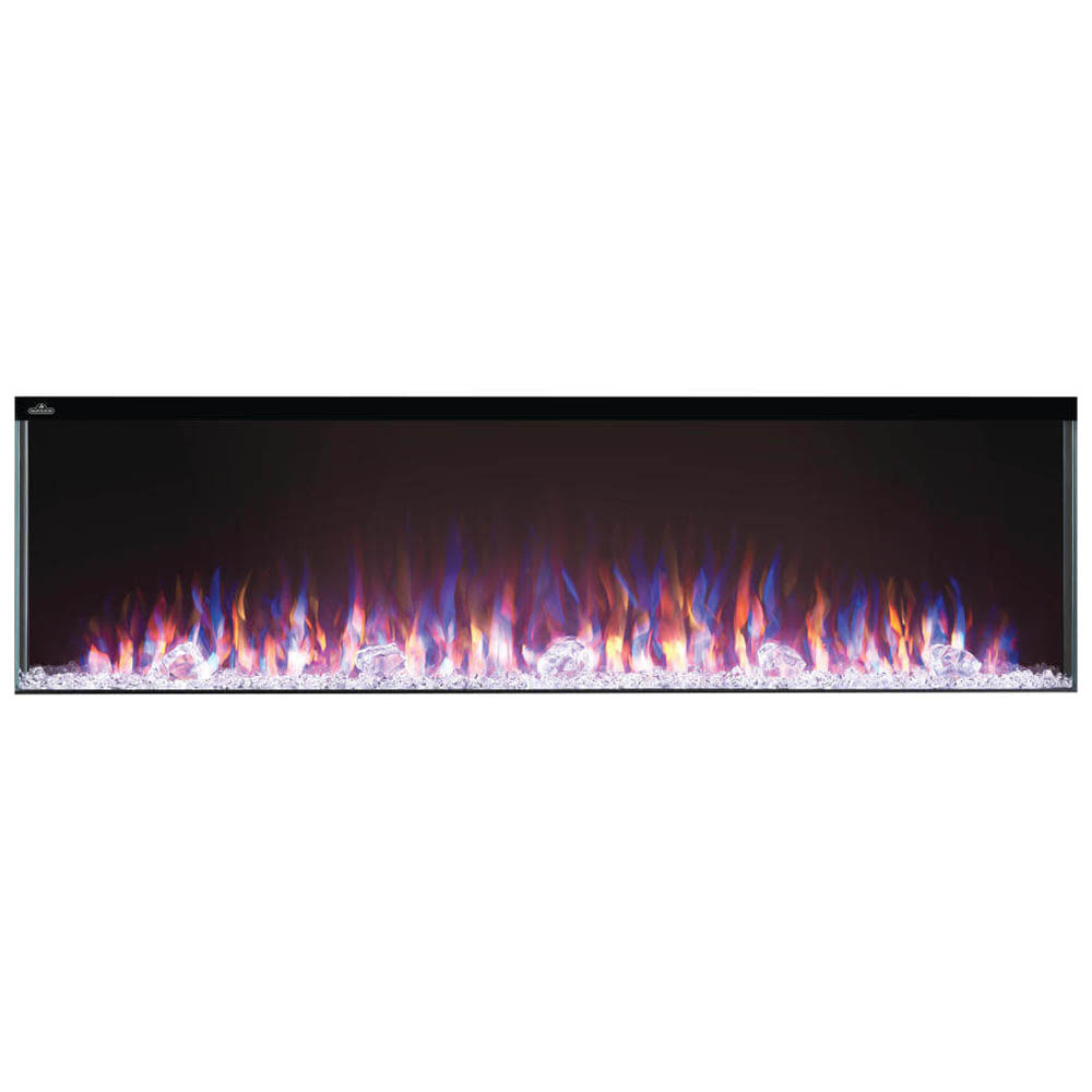 Electric fireplace with black trim showing multi-color flame glow over blue crystal media