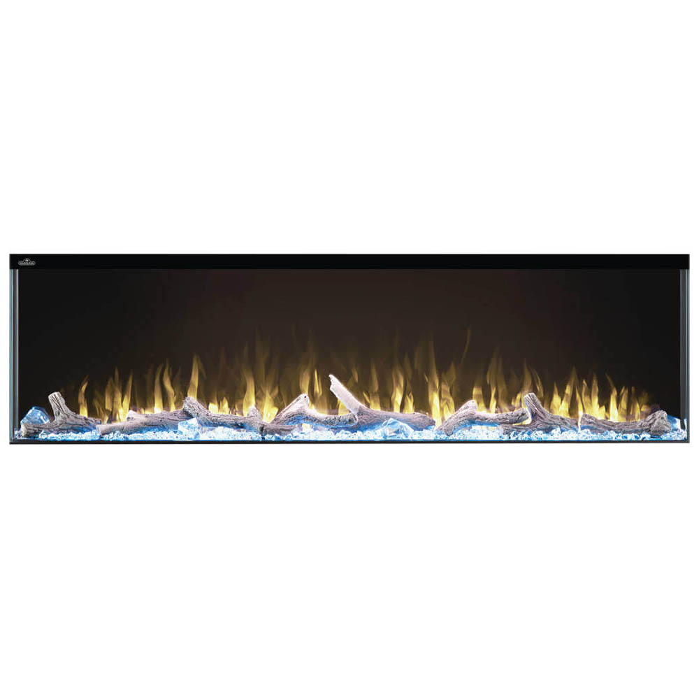 Electric fireplace with black frame and warm yellow-orange flames over blue crystal media