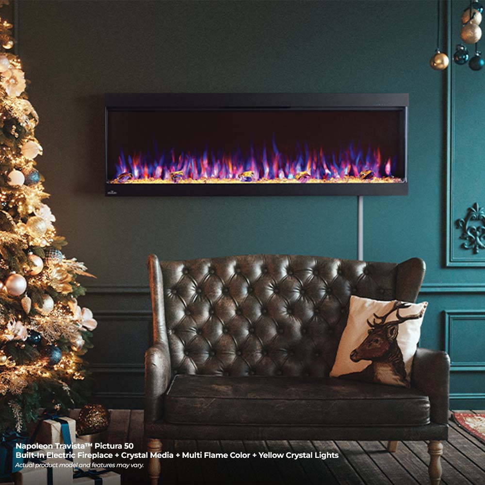 Electric fireplace with dark frame, purple-blue flames, and visible inner glass panels