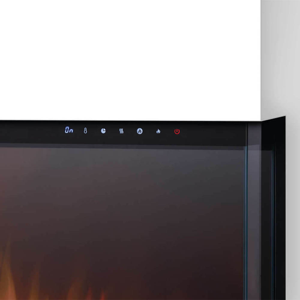 Electric fireplace control panel along the top edge with indicator icons