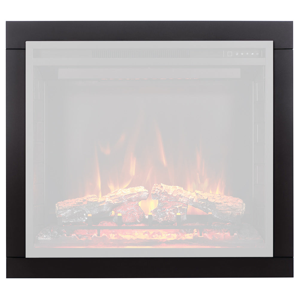 Fireplace trim kit frame with glass front showing gas flames and logs