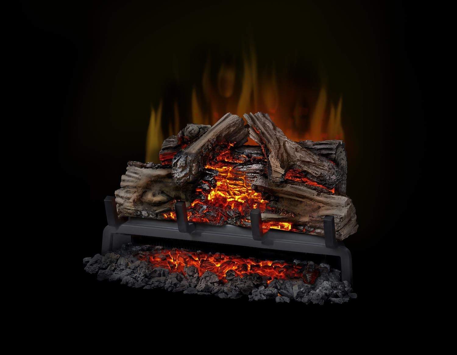 Electric fireplace log set with glowing embers and faux flames on log bed