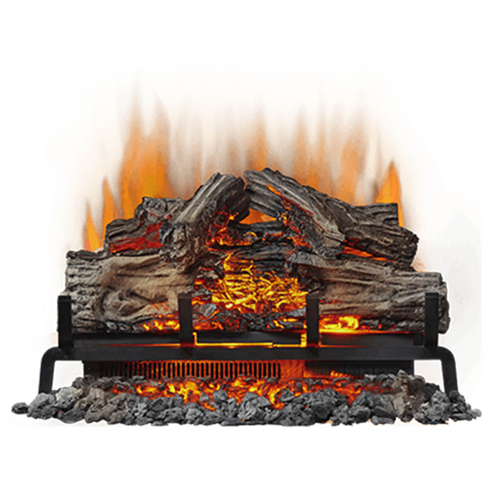 Electric fireplace log set with stacked gray logs and bright orange ember glow