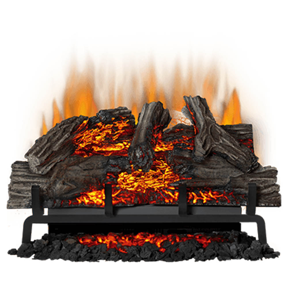 Electric fireplace log set with split gray logs and glowing orange and red embers